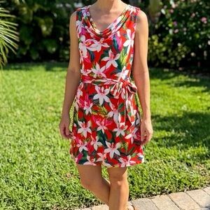 Express Tropical Floral Cowl Neck Sleeveless Dress Belted Fit & Flare Small EUC